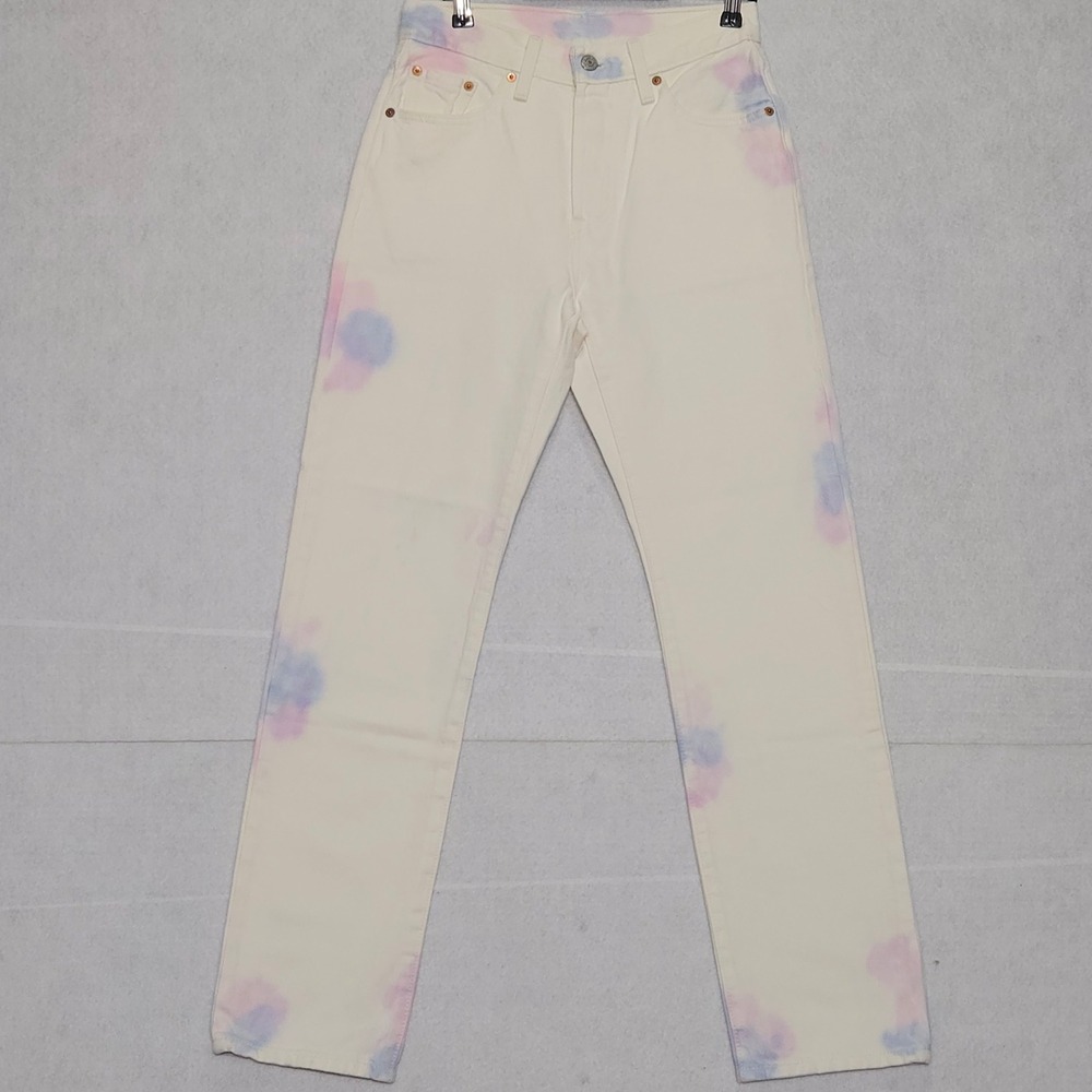 Levis 501 Original Straight Leg Jeans Cream Tie Dye Pastel Waist 13.5"